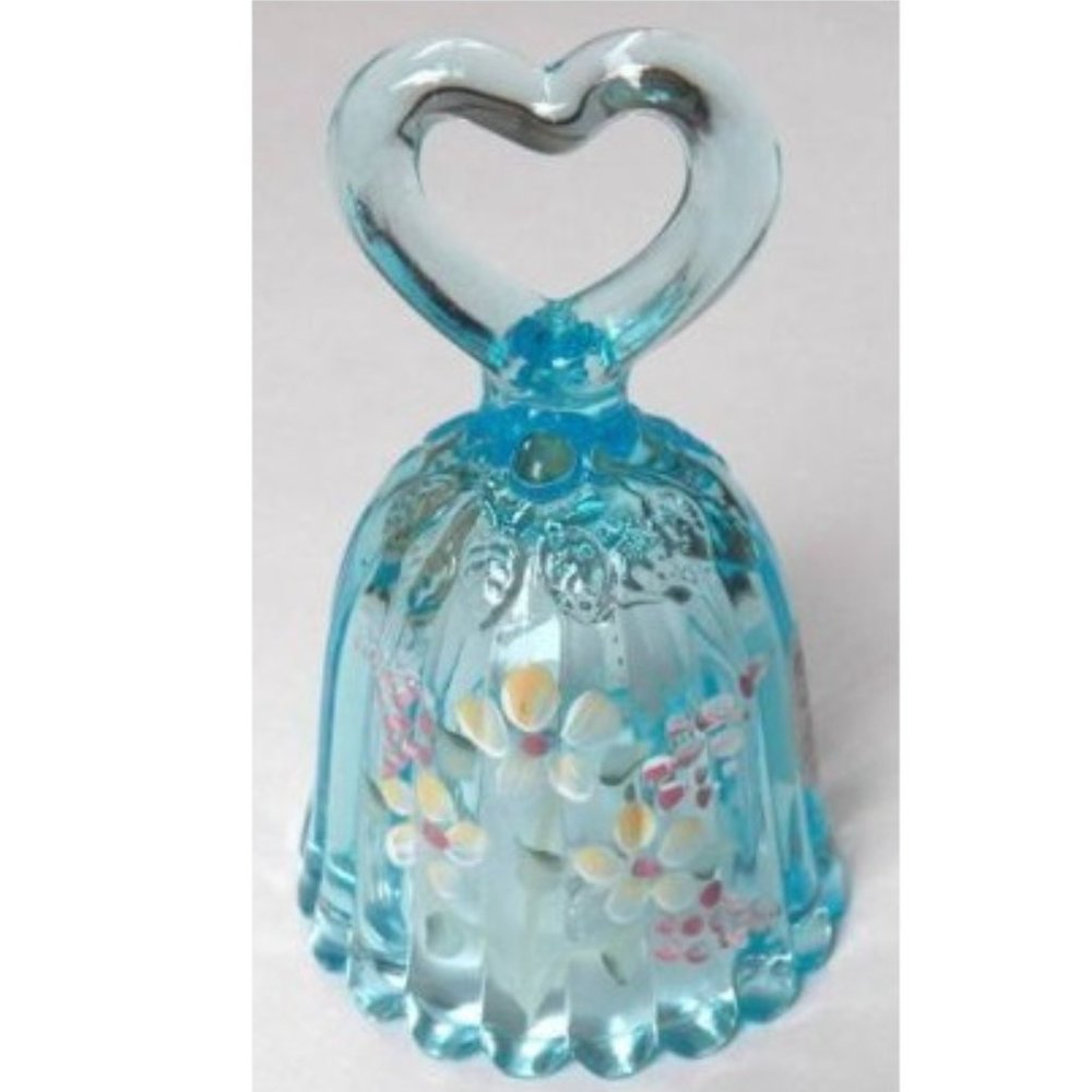 Fenton Teal Colored Glass Bell  -   Heart Handle  -   Hand Painted by M. Kibbe